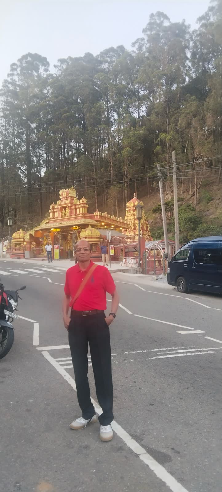 Standing on a hill road, with a gold-roofed temple and tall trees behind.