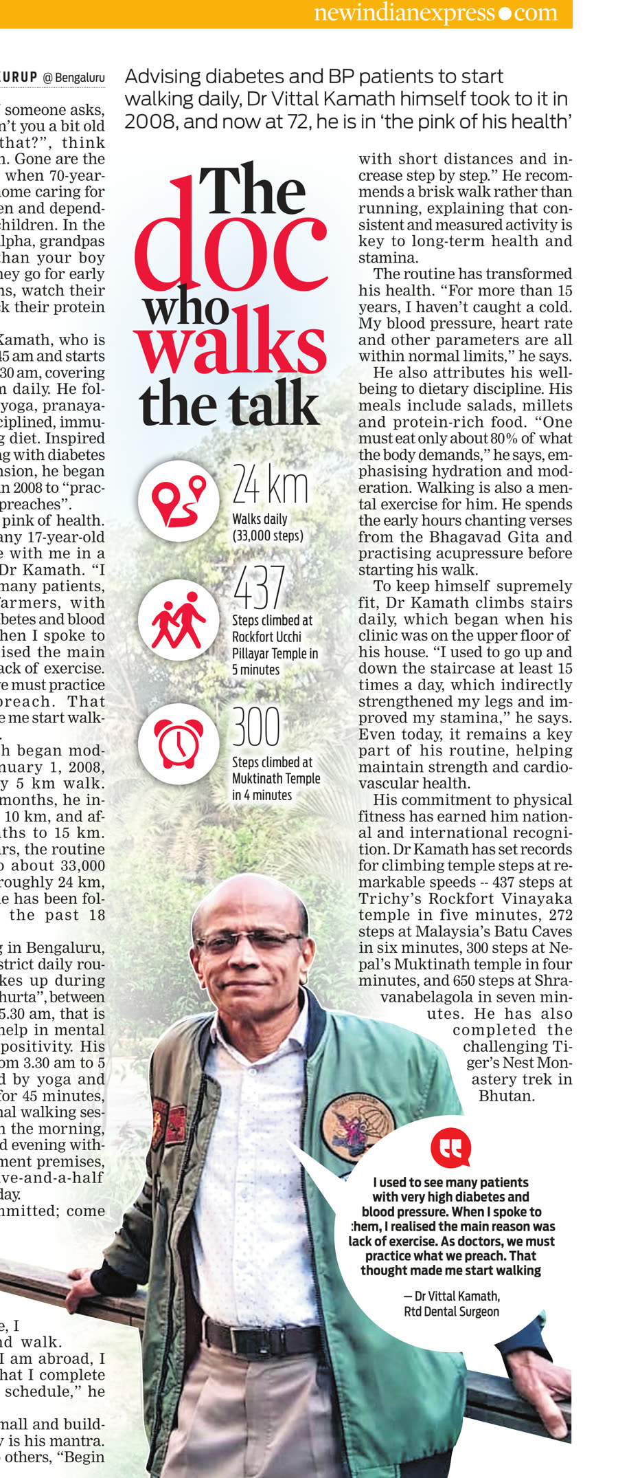 The New Indian Express feature headlined “The doc who walks the talk”, with a photograph of me and a panel of my stair-climbing records.